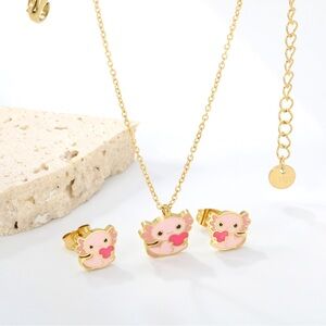 Kawaii Axolotl Heart Necklace & Earring Set